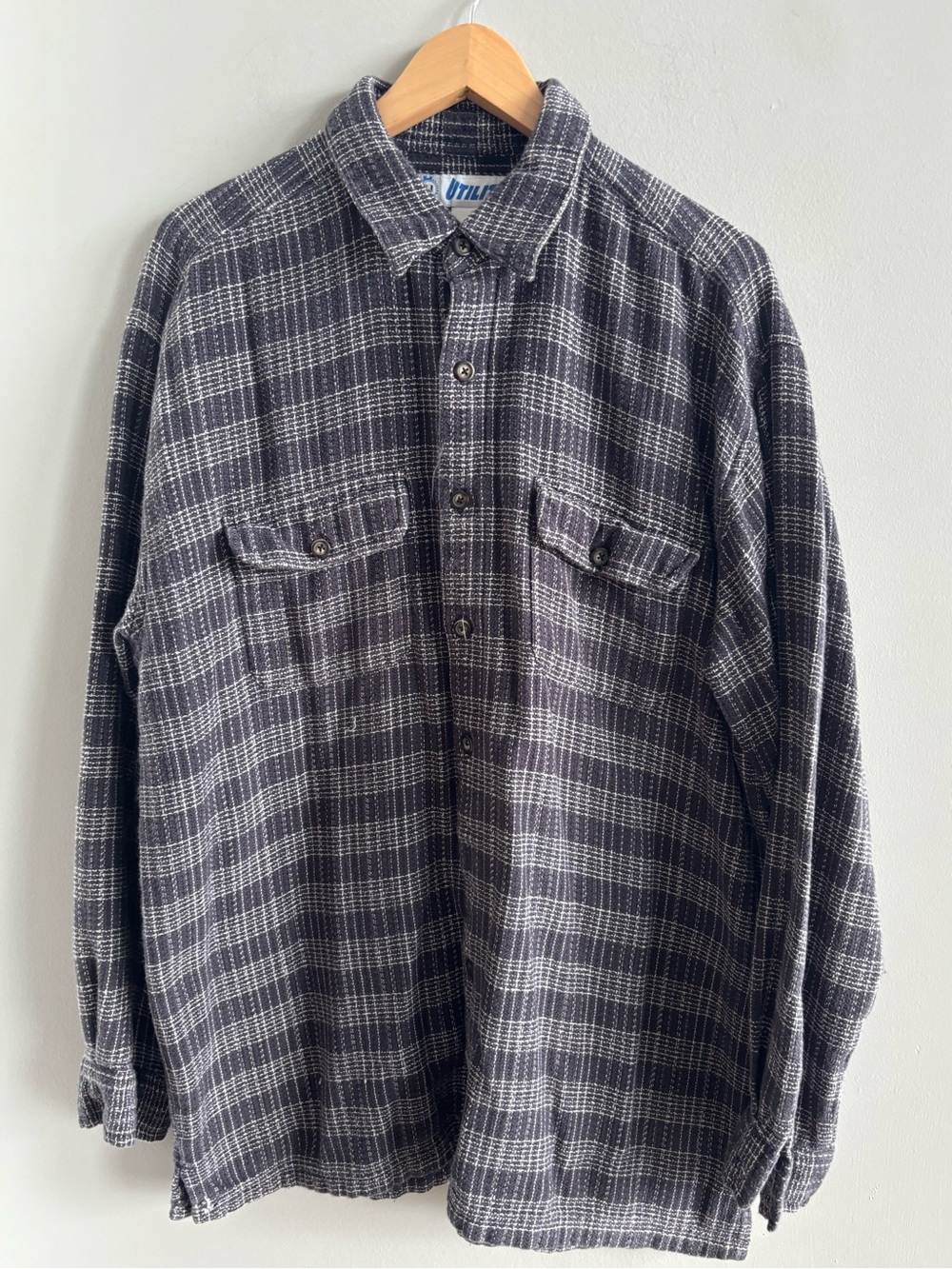 Vintage 90s Utility Brand Plaid Flannel Shirt Mens L Gray Cotton Grunge Skater
